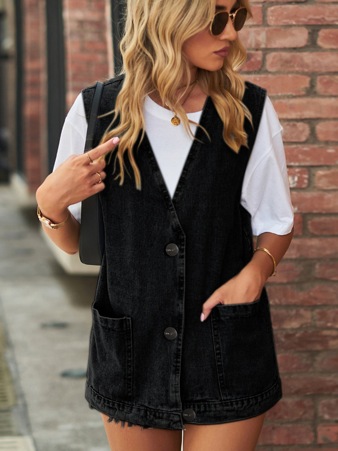 Full Size V-Neck Button Up Denim Vest – product image 8