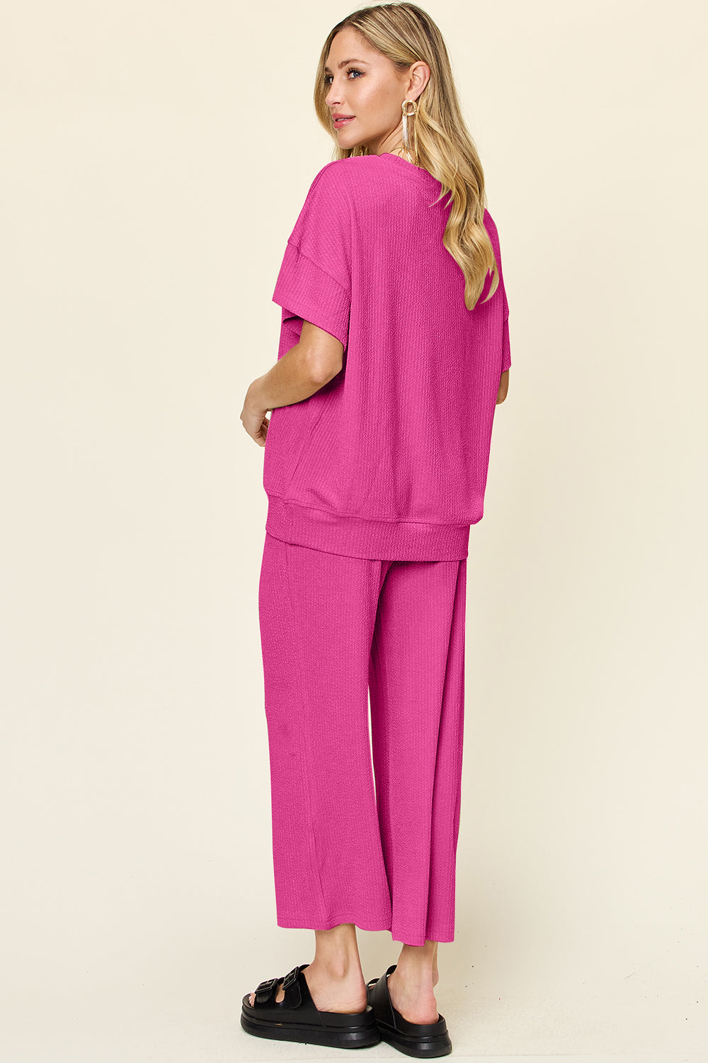 Double Take Full Size Texture Round Neck Short Sleeve T-Shirt and Wide Leg Pants – product image 18