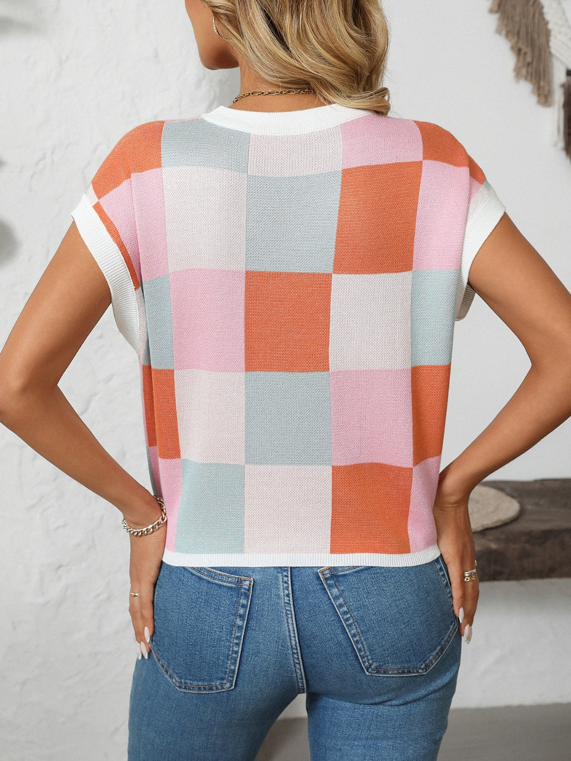 Mandy Checkered Round Neck Cap Sleeve Knit Top – product image 3