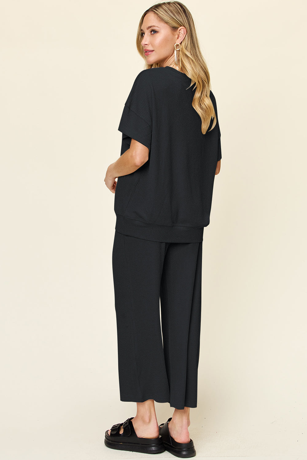Double Take Full Size Texture Round Neck Short Sleeve T-Shirt and Wide Leg Pants – product image 23