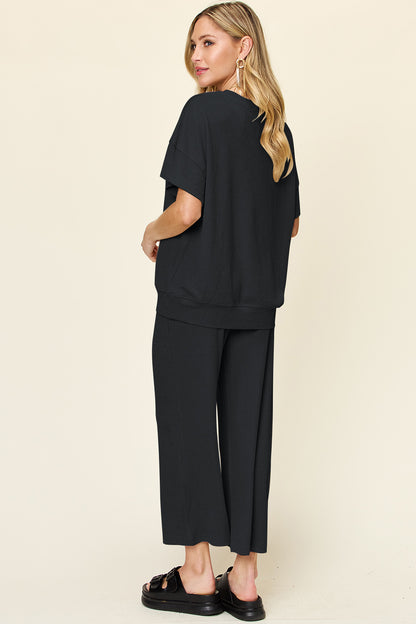 Double Take Full Size Texture Round Neck Short Sleeve T-Shirt and Wide Leg Pants – product image 23