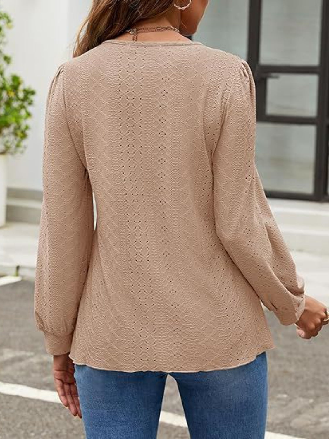 Eyelet Round Neck Long Sleeve Top – product image 2
