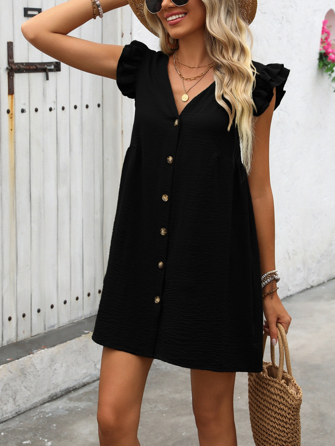 Button Up V-Neck Cap Sleeve Mini Dress – product image 14