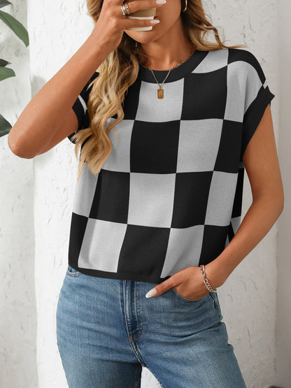 Mandy Checkered Round Neck Cap Sleeve Knit Top – product image 15