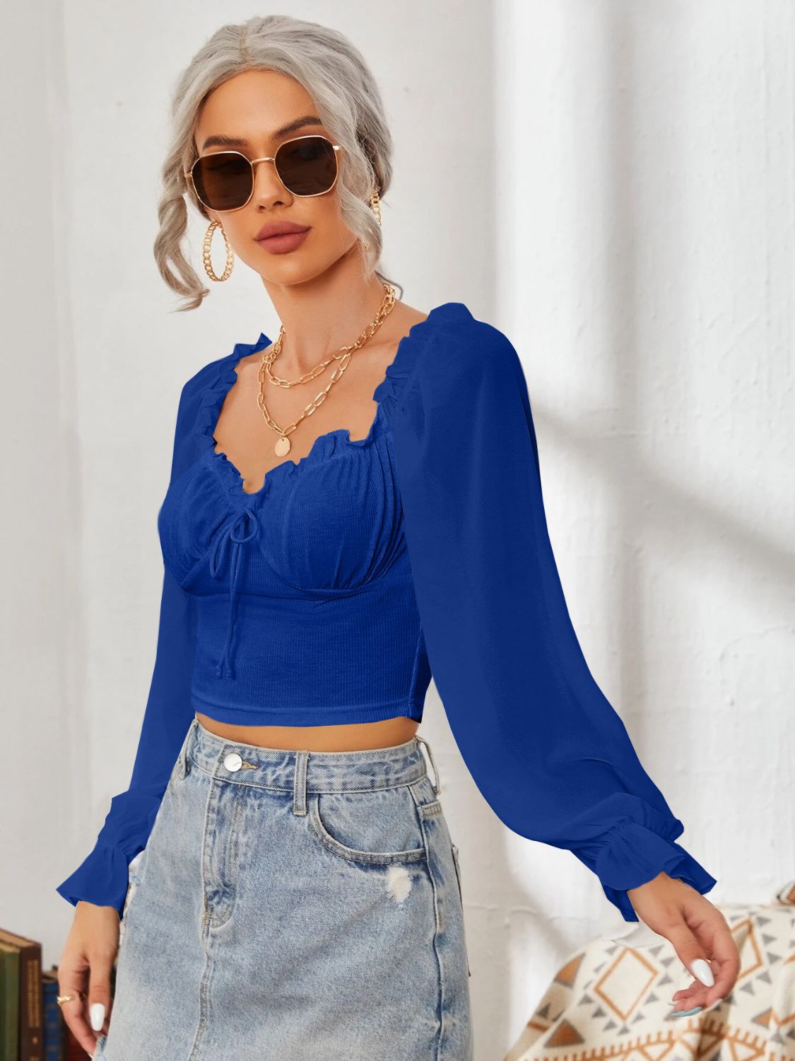 Mesh Sweetheart Neck Flounce Sleeve Top – product image 11