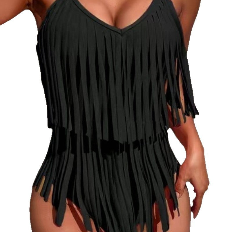 V-neck Figure-hugging Backless Swimsuit With Tassel Detailing