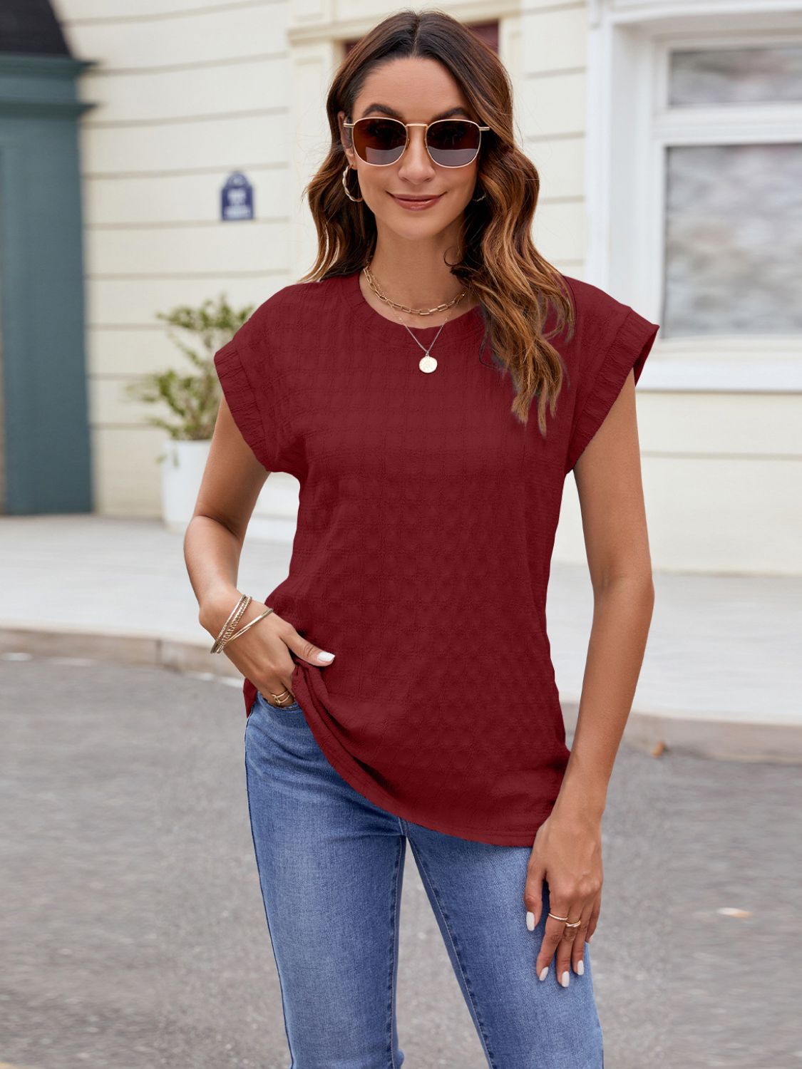 Textured Round Neck Cap Sleeve T-Shirt – product image 28