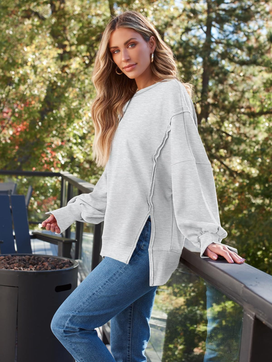Slit Round Neck Long Sleeve Sweatshirt – product image 3