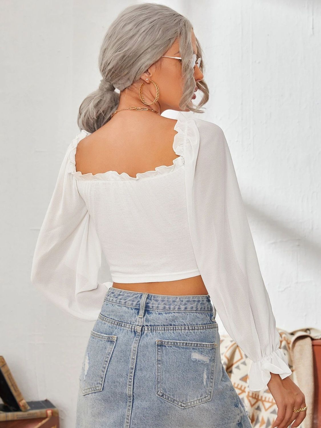 Mesh Sweetheart Neck Flounce Sleeve Top – product image 2
