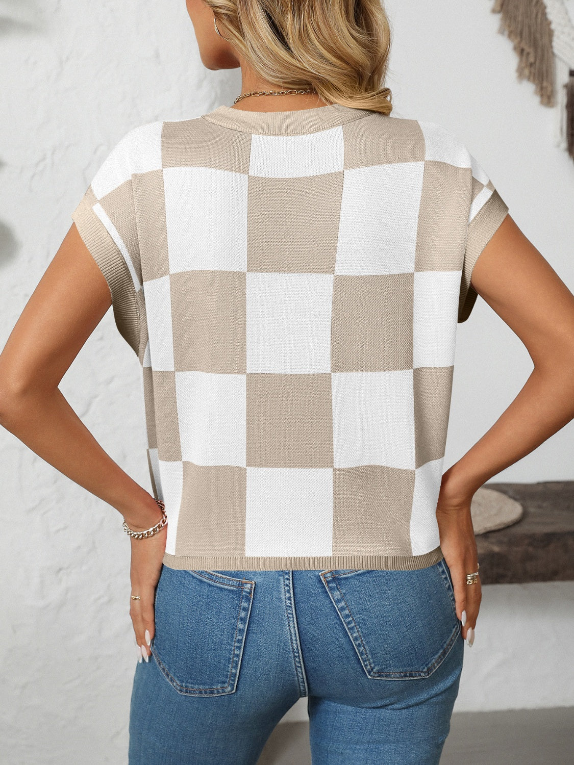 Mandy Checkered Round Neck Cap Sleeve Knit Top – product image 20