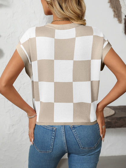 Mandy Checkered Round Neck Cap Sleeve Knit Top – product image 20