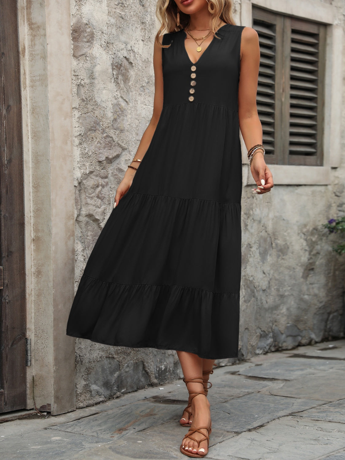 Decorative Button Notched Sleeveless Dress – product image 13