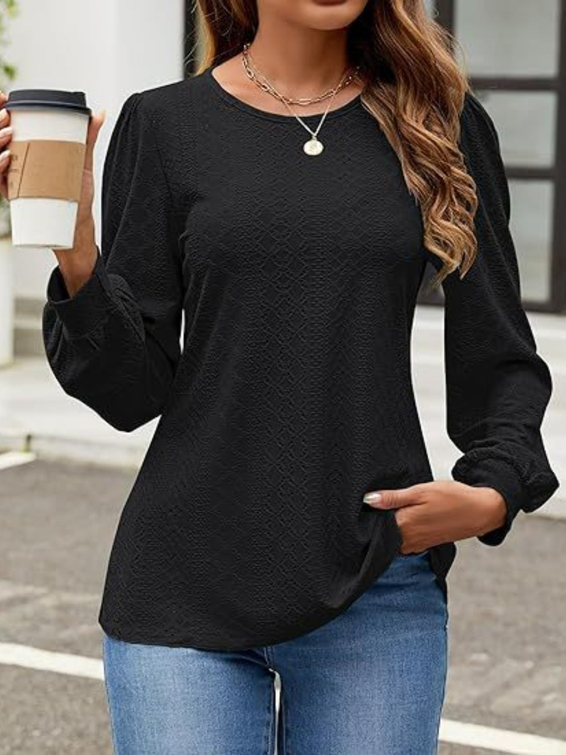 Eyelet Round Neck Long Sleeve Top – product image 9