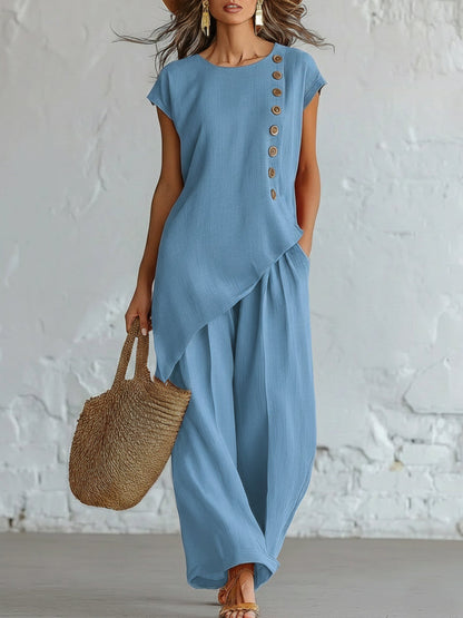 Womens Solid-Color Crew-Neck Buttoned Short-Sleeve Wide-Leg Pants Set