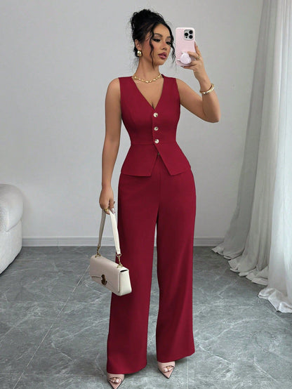 Summer Sleeveless Suit Slim V-neck Vest And High Waist Trousers Women's Two-piece Set