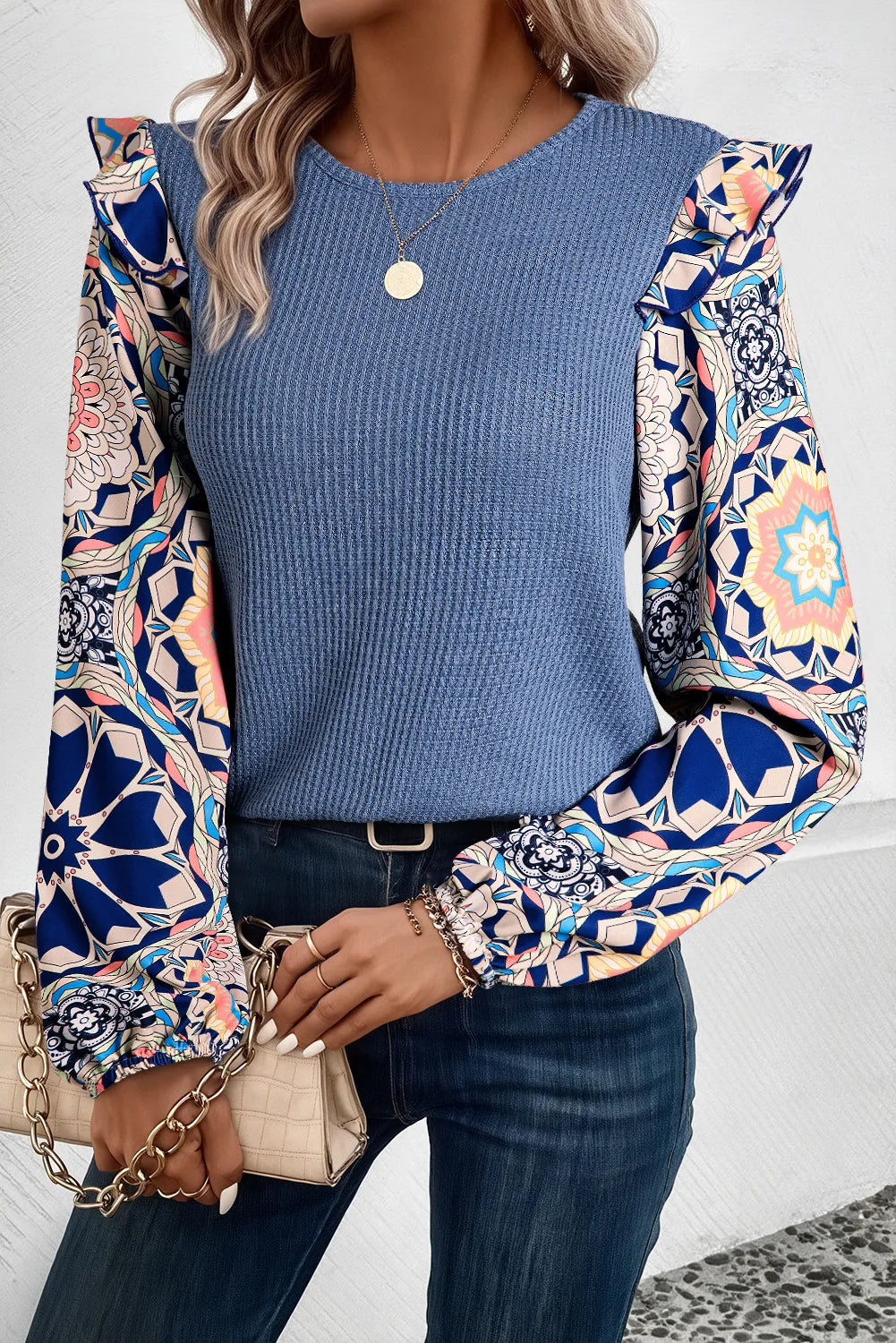 Ruffled Printed Round Neck Long Sleeve Top – product image 1