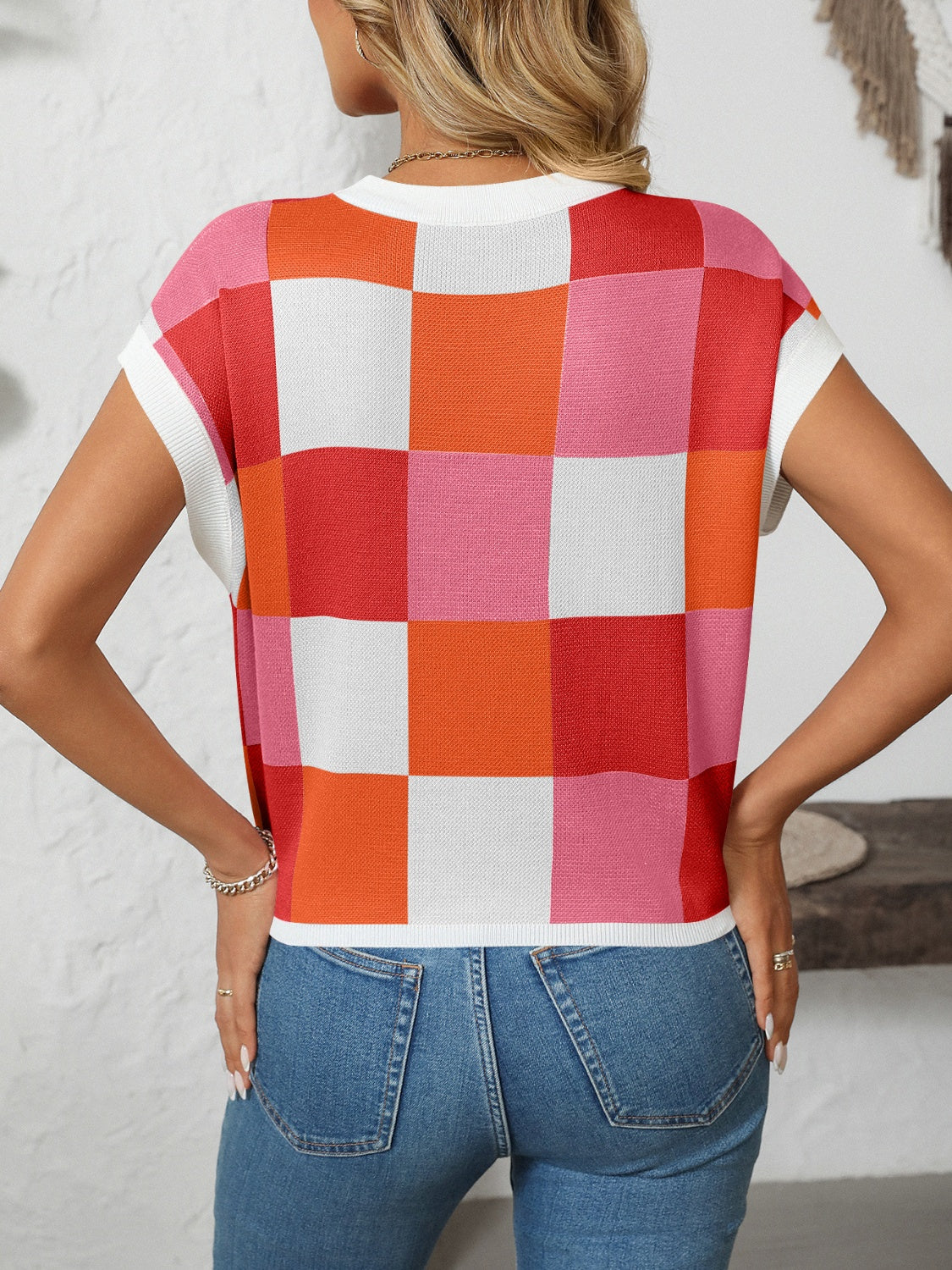 Mandy Checkered Round Neck Cap Sleeve Knit Top – product image 12