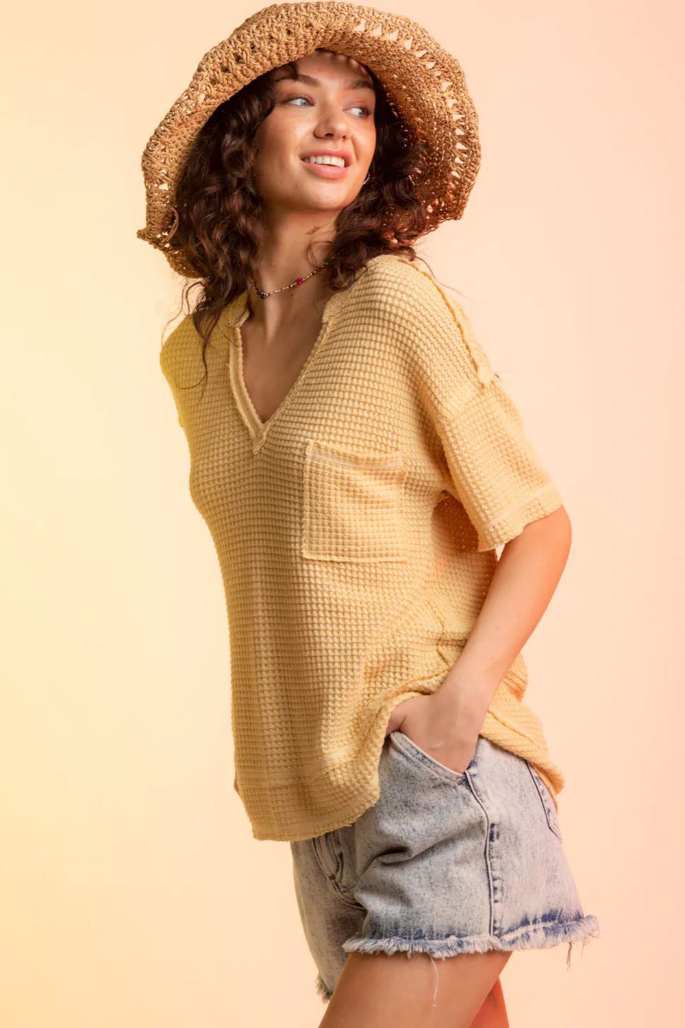 Waffle-Knit Notched Half Sleeve T-Shirt – product image 10