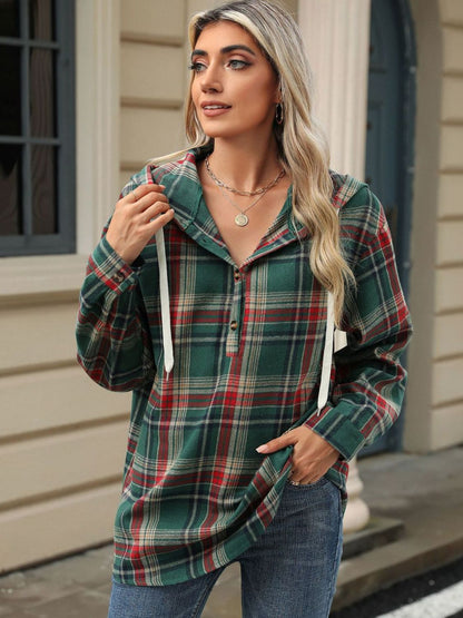 Drawstring Plaid Hooded Long Sleeve Top – product image 5