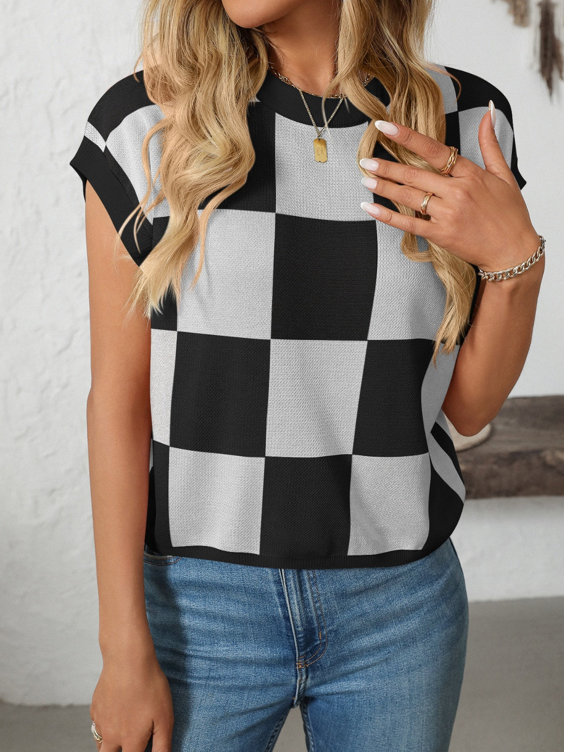 Mandy Checkered Round Neck Cap Sleeve Knit Top – product image 17