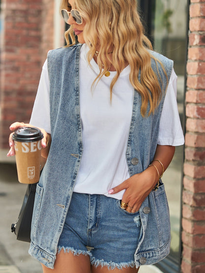 Full Size V-Neck Button Up Denim Vest – product image 12