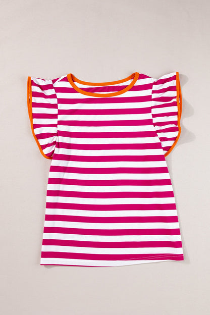 Ruffled Striped Round Neck Cap Sleeve Blouse – product image 1