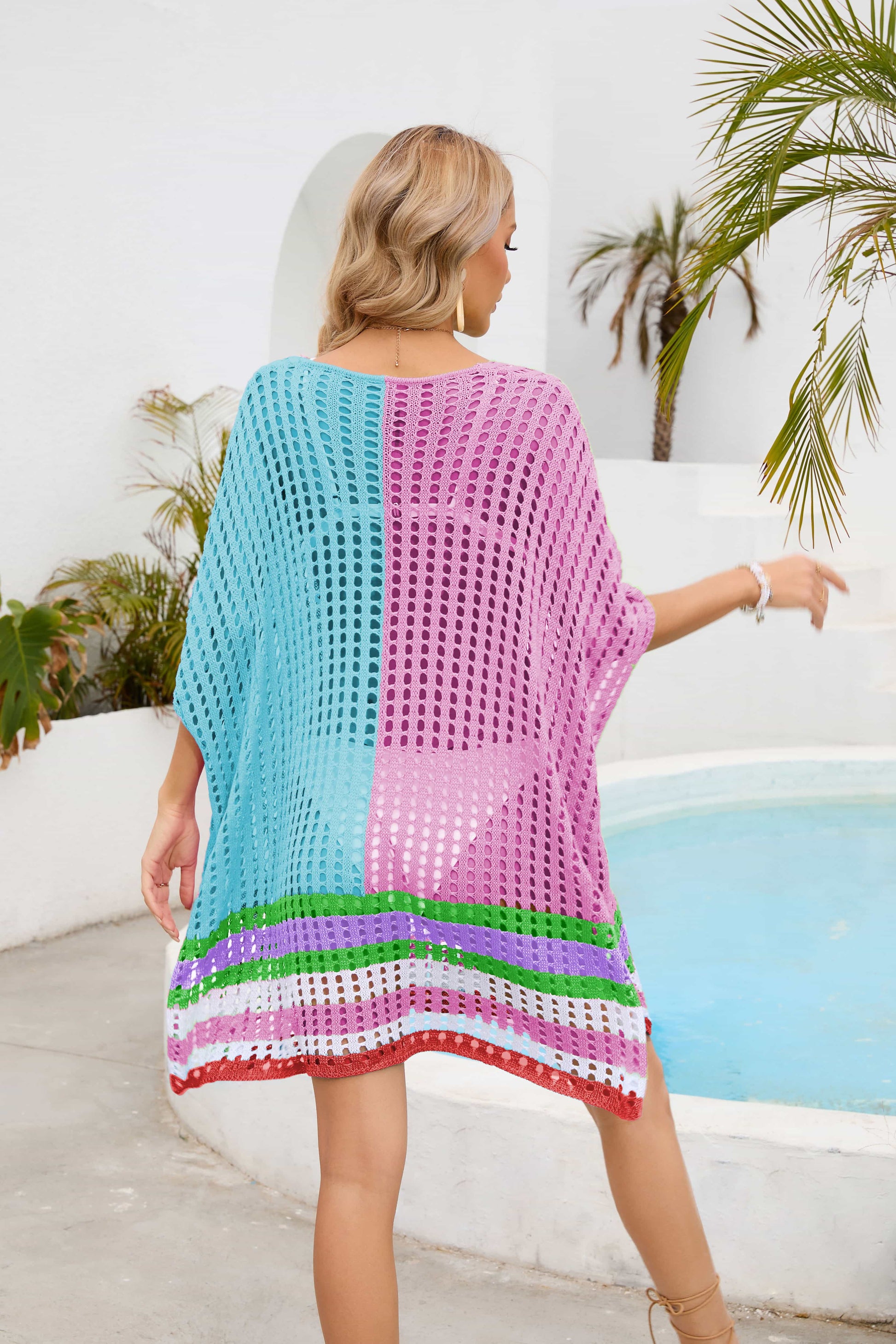 Contrast Scoop Neck Openwork Half Sleeve Cover Up – product image 15