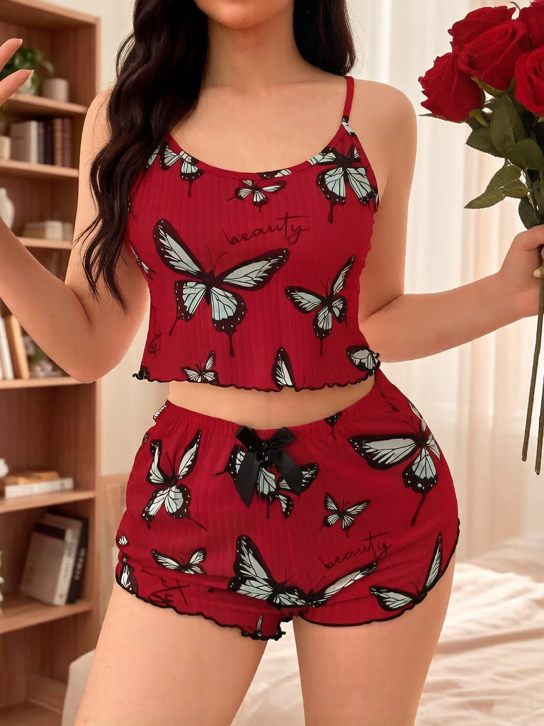 Women's Summer Thin Ribbed Home Wear Pajama Set Sexy Two-Piece