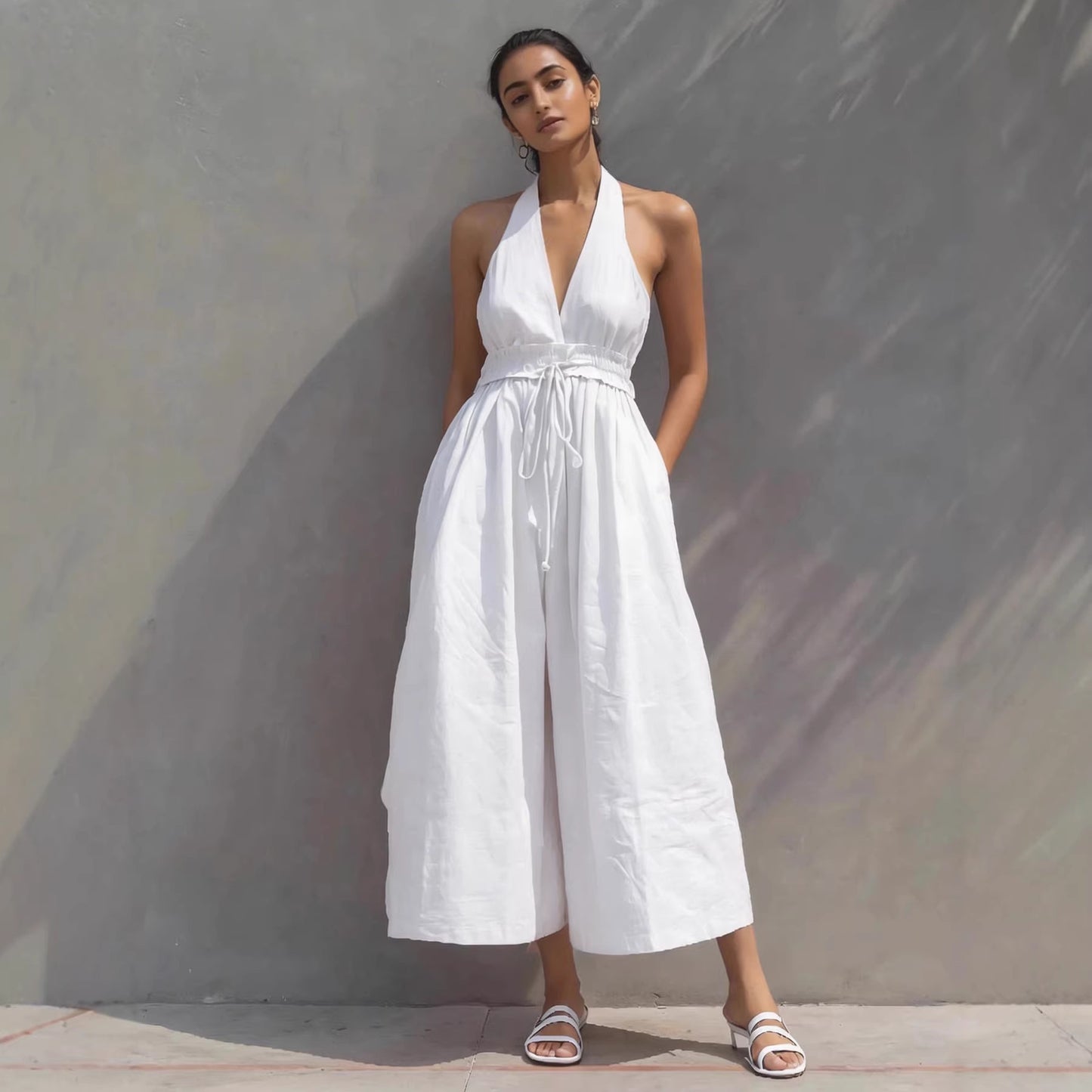 Womens New Arrival Linen Resort-Style V-Neck Lace-Up Jumpsuit