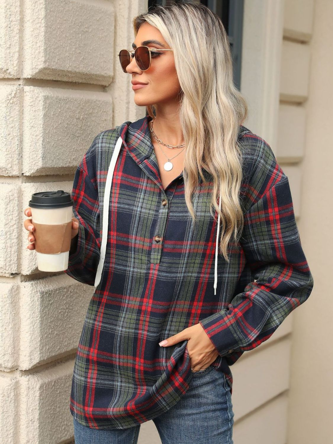 Drawstring Plaid Hooded Long Sleeve Top – product image 11