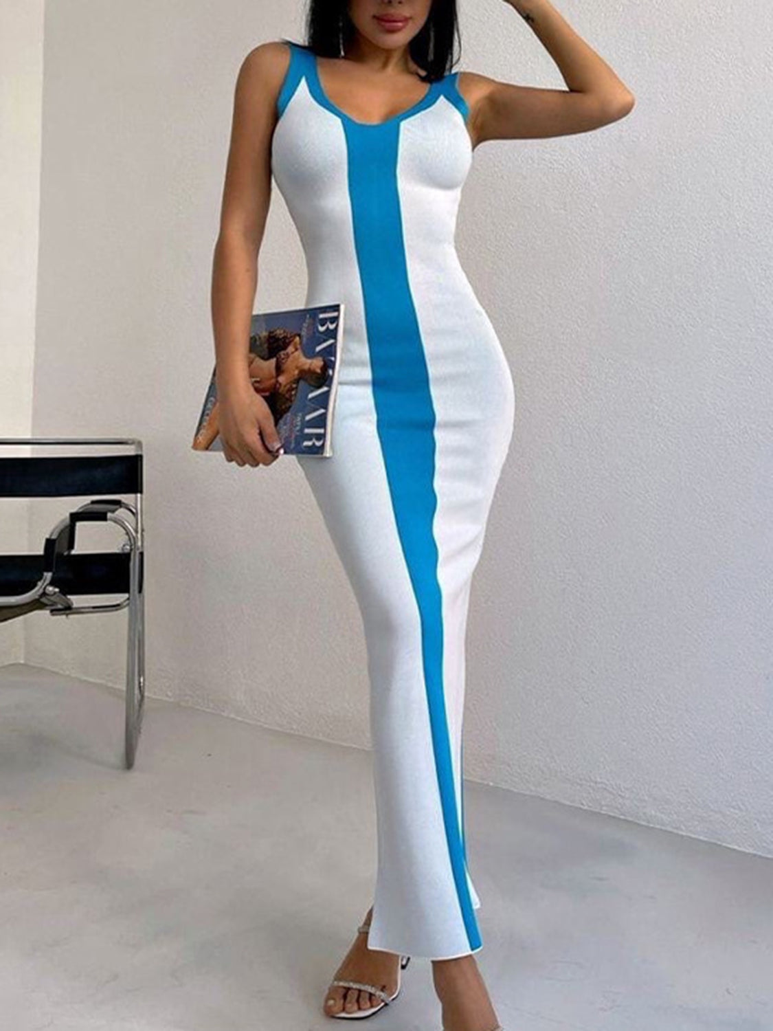 Contrast Wide Strap Slit Midi Dress – product image 4