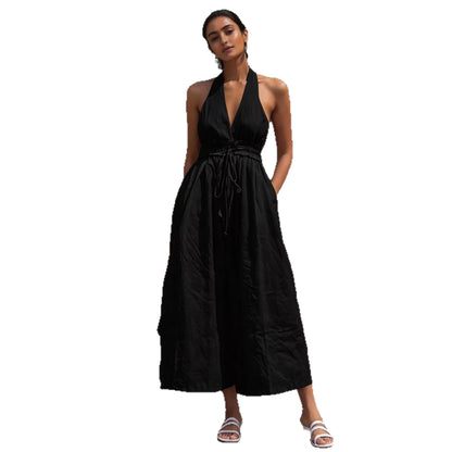 Womens New Arrival Linen Resort-Style V-Neck Lace-Up Jumpsuit