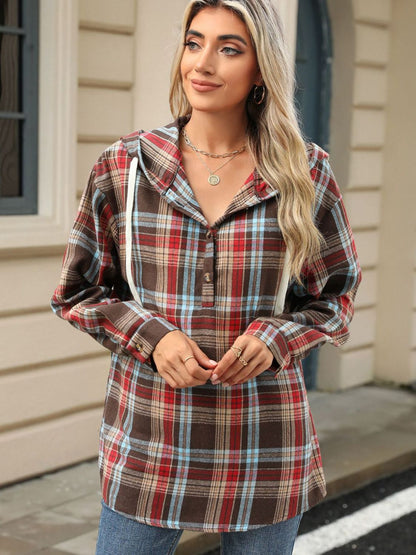 Drawstring Plaid Hooded Long Sleeve Top – product image 17