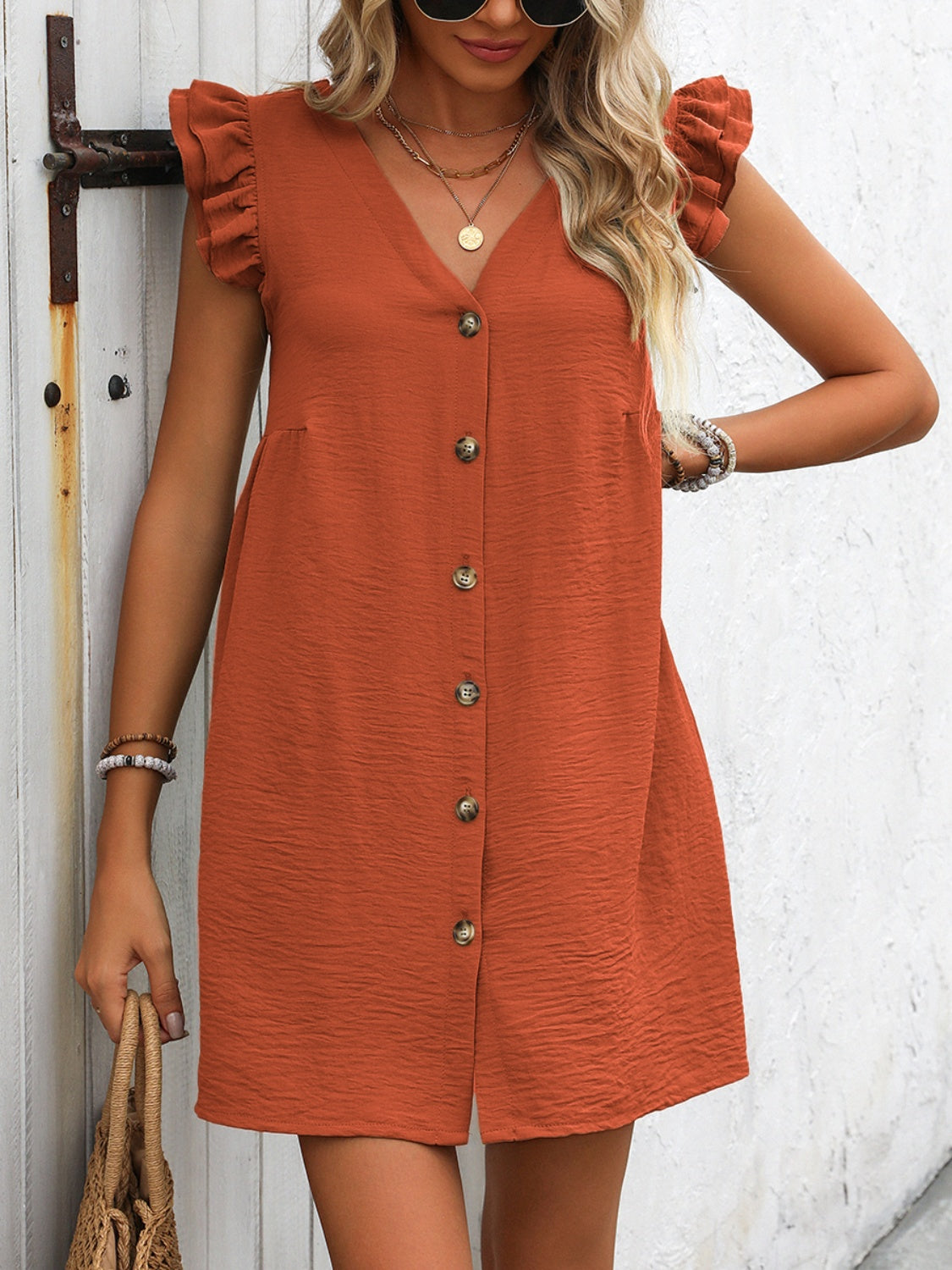 Button Up V-Neck Cap Sleeve Mini Dress – product image 4