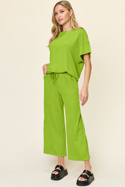 Double Take Full Size Texture Round Neck Short Sleeve T-Shirt and Wide Leg Pants – product image 14