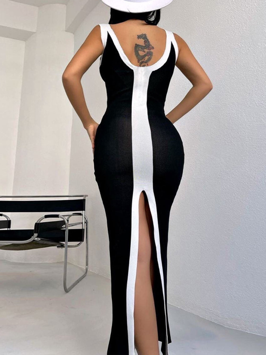 Contrast Wide Strap Slit Midi Dress – product image 2