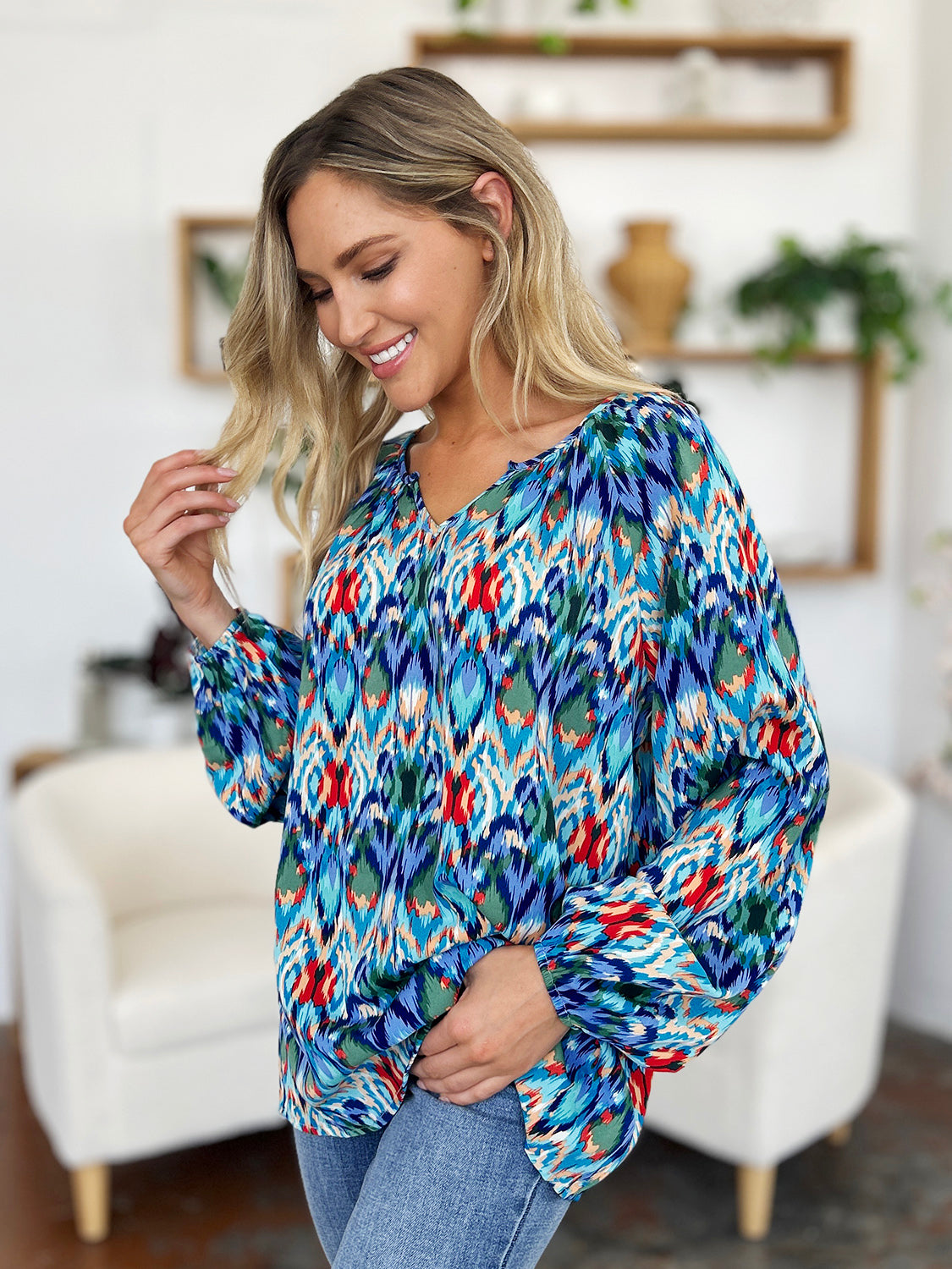 Double Take Full Size Printed Balloon Sleeve Blouse – product image 12