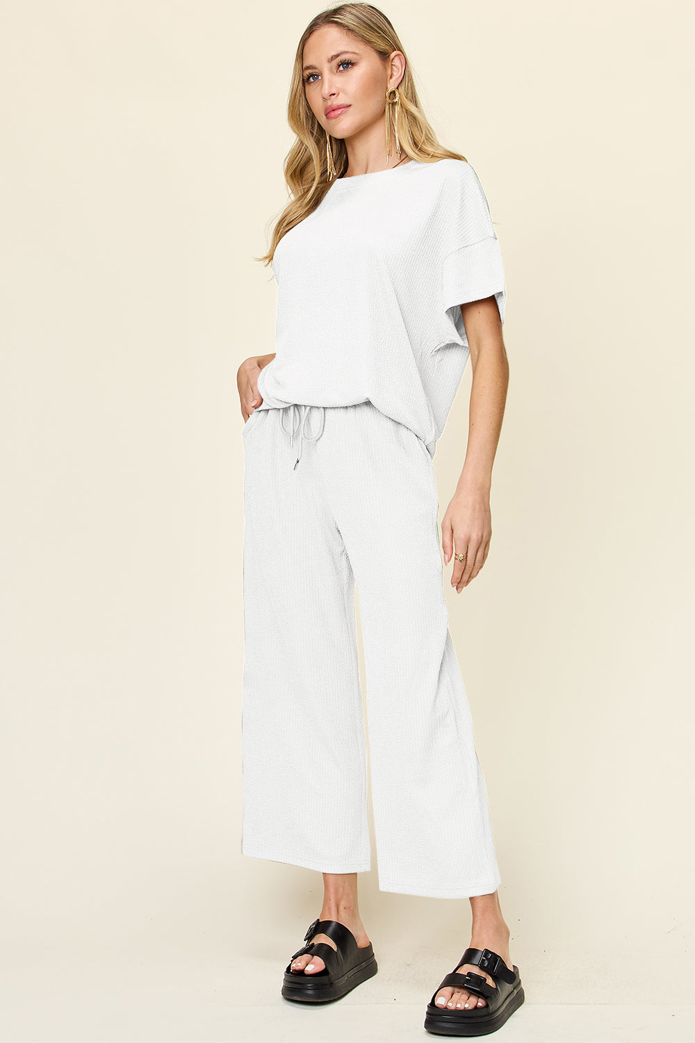 Double Take Full Size Texture Round Neck Short Sleeve T-Shirt and Wide Leg Pants – product image 29