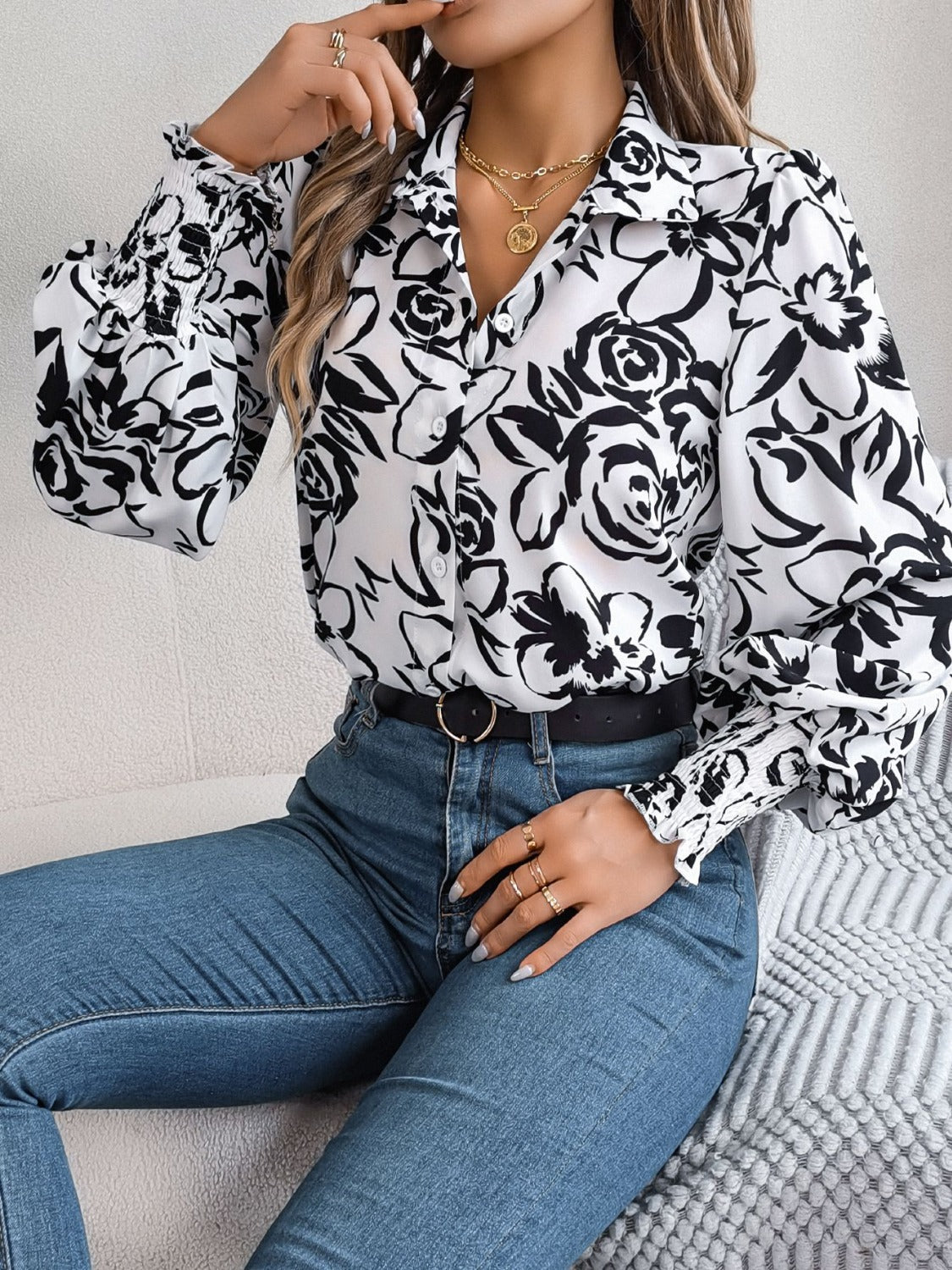 Printed Collared Neck Lantern Sleeve Shirt – product image 9