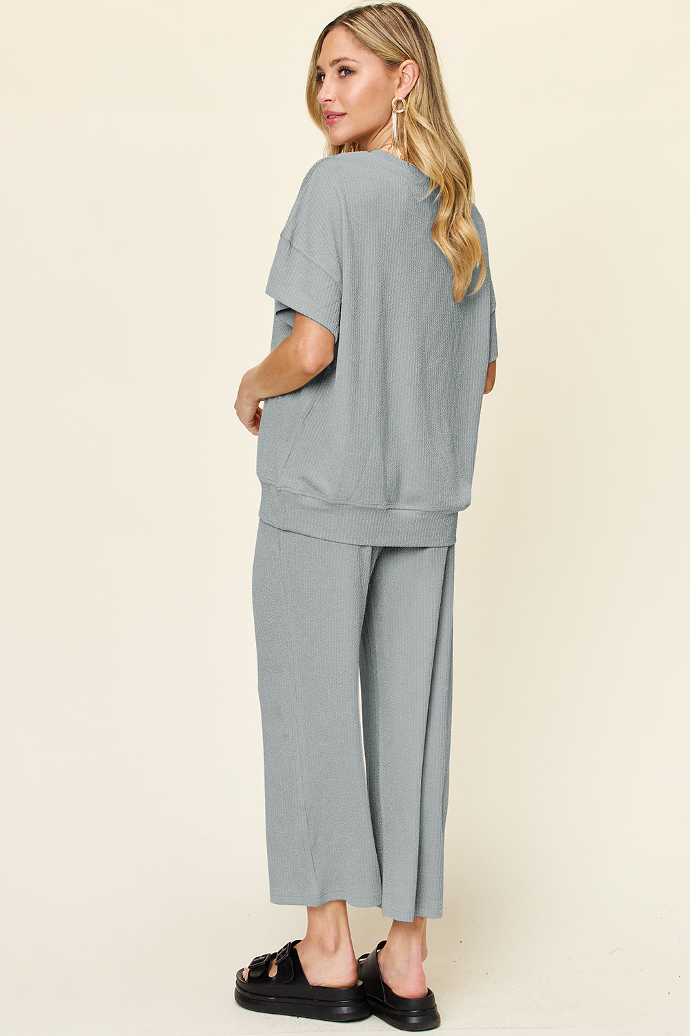 Double Take Full Size Texture Round Neck Short Sleeve T-Shirt and Wide Leg Pants – product image 27