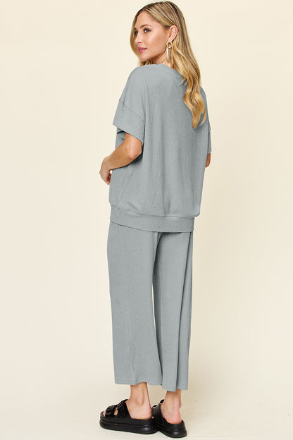 Double Take Full Size Texture Round Neck Short Sleeve T-Shirt and Wide Leg Pants – product image 27