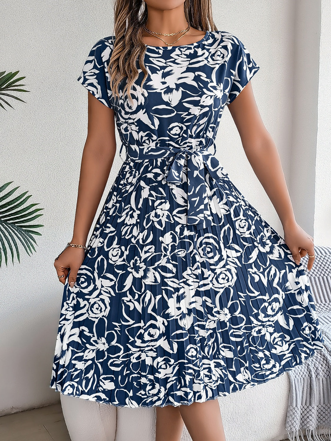 Tied Pleated Printed Short Sleeve Dress – product image 1