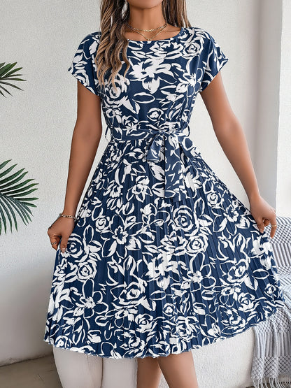 Tied Pleated Printed Short Sleeve Dress – product image 1