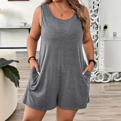 Solid-color Sleeveless Jumpsuit Casual Pocketed Crew-neck Romper