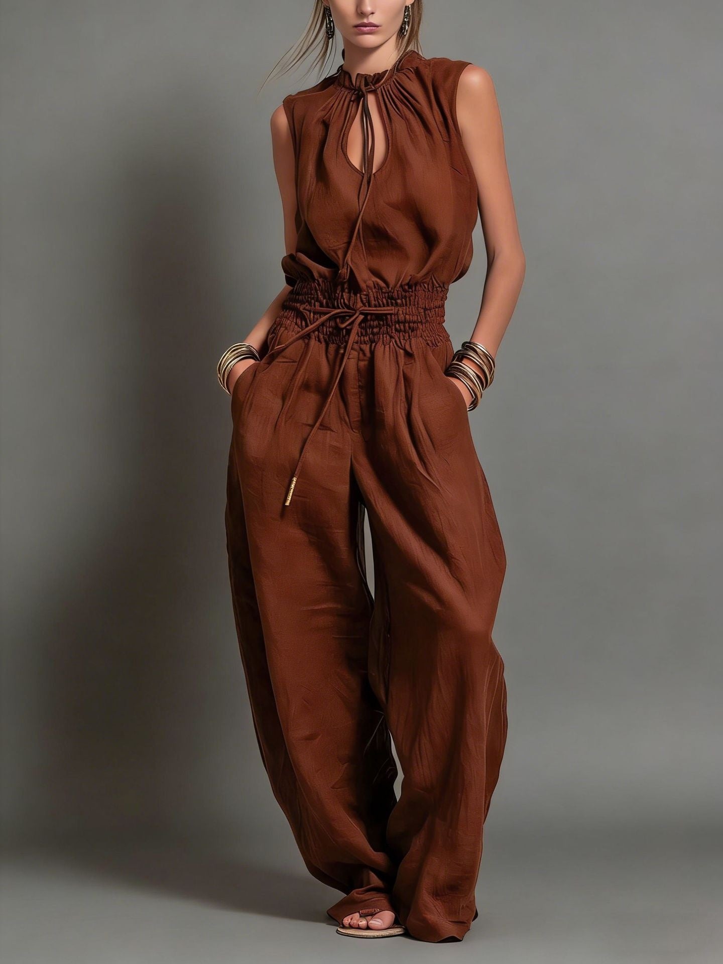 Personalized Street-style Loose-fitting Sleeveless Waist-cinching Wide-leg Jumpsuit
