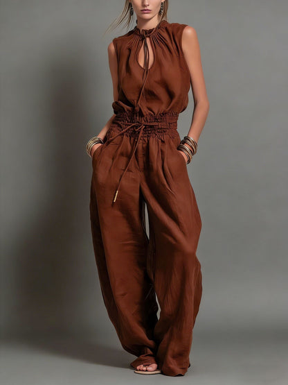 Personalized Street-style Loose-fitting Sleeveless Waist-cinching Wide-leg Jumpsuit