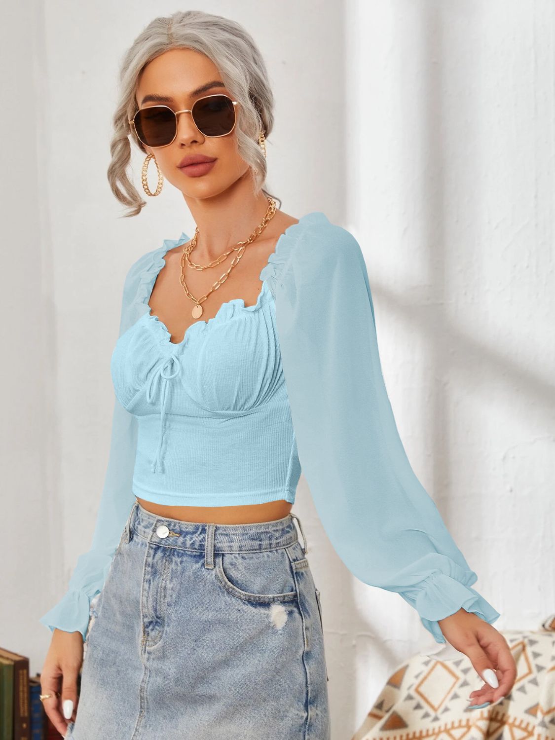Mesh Sweetheart Neck Flounce Sleeve Top – product image 7