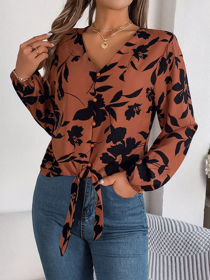Printed V-Neck Long Sleeve Blouse – product image 7