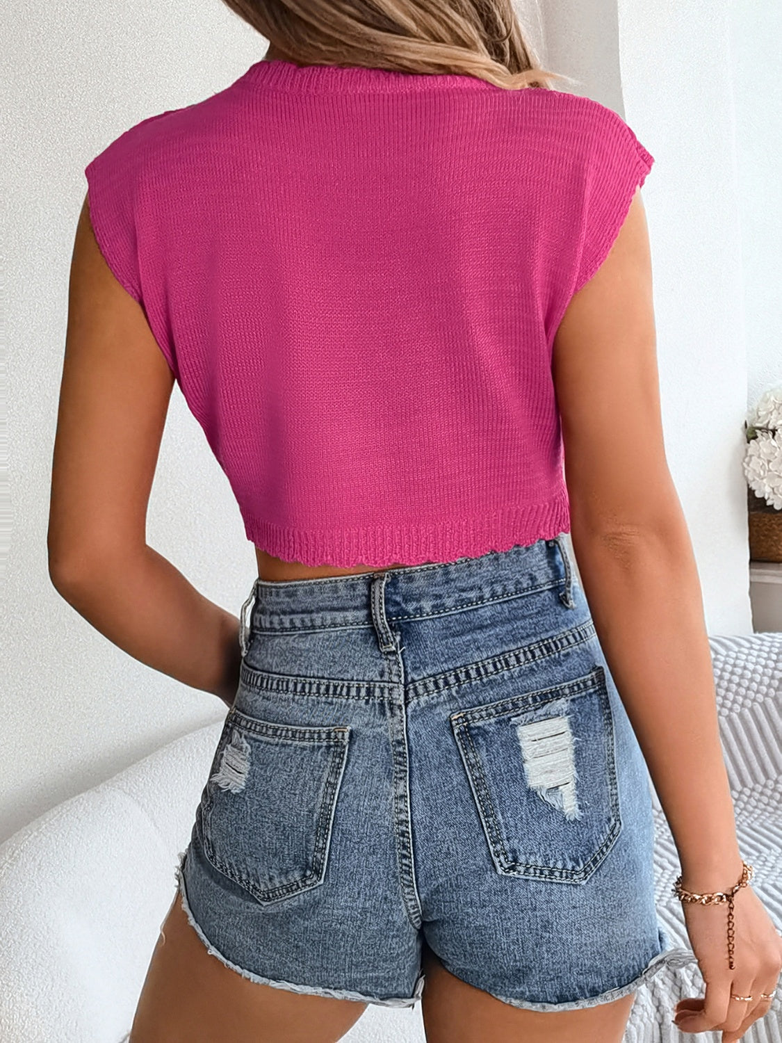 Openwork Round Neck Cap Sleeve Knit Top – product image 8