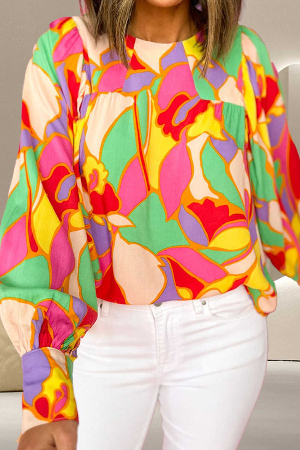 Contrast Print Round Neck Long Sleeve Blouse – product image 1